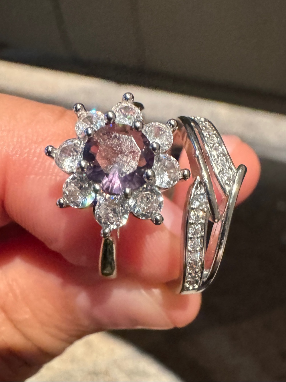 2 Rings Purple Flower Cluster Ring with Clear Accents